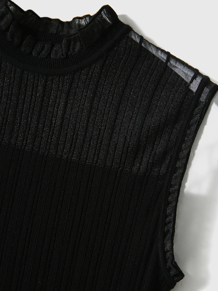 Sexy See-through Lace Tank Tops Women Summer Sleeveless Knitted Vest Casual Korean Half High Collar Camis Black White Top