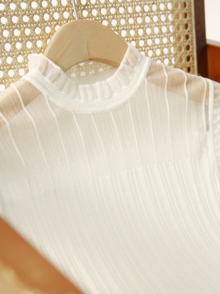 Sexy See-through Lace Tank Tops Women Summer Sleeveless Knitted Vest Casual Korean Half High Collar Camis Black White Top