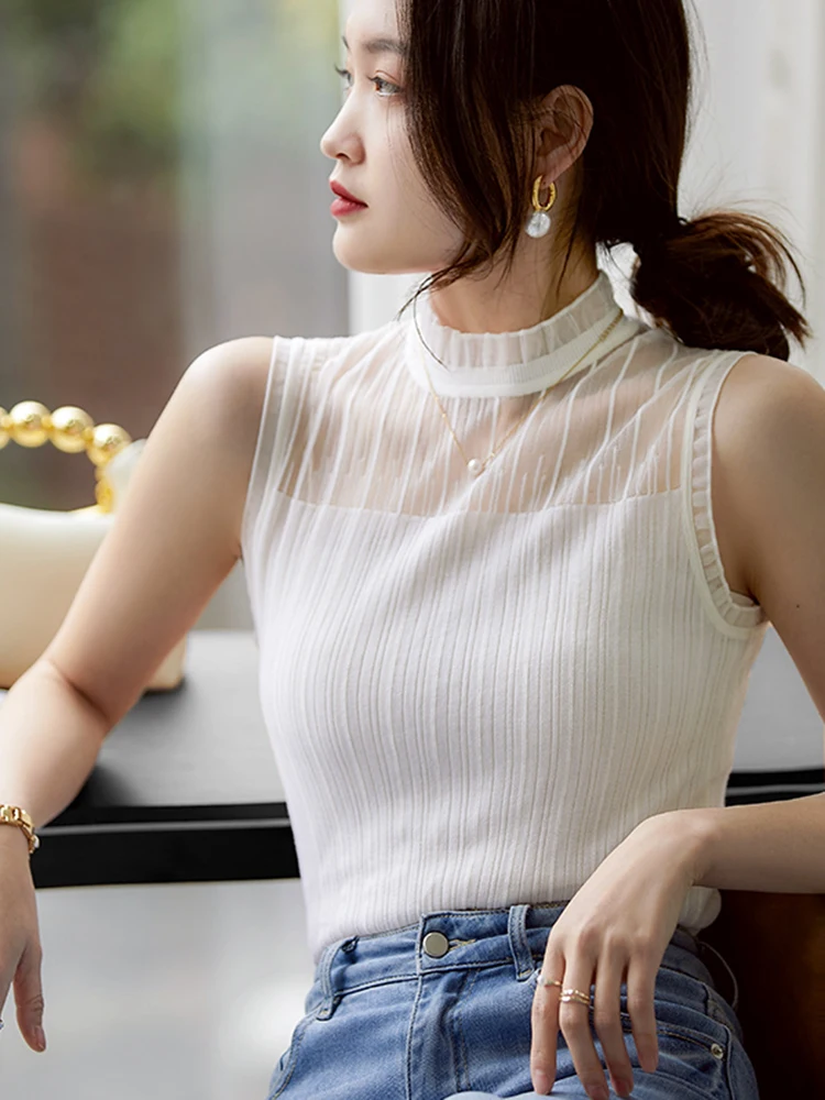 Sexy See-through Lace Tank Tops Women Summer Sleeveless Knitted Vest Casual Korean Half High Collar Camis Black White Top