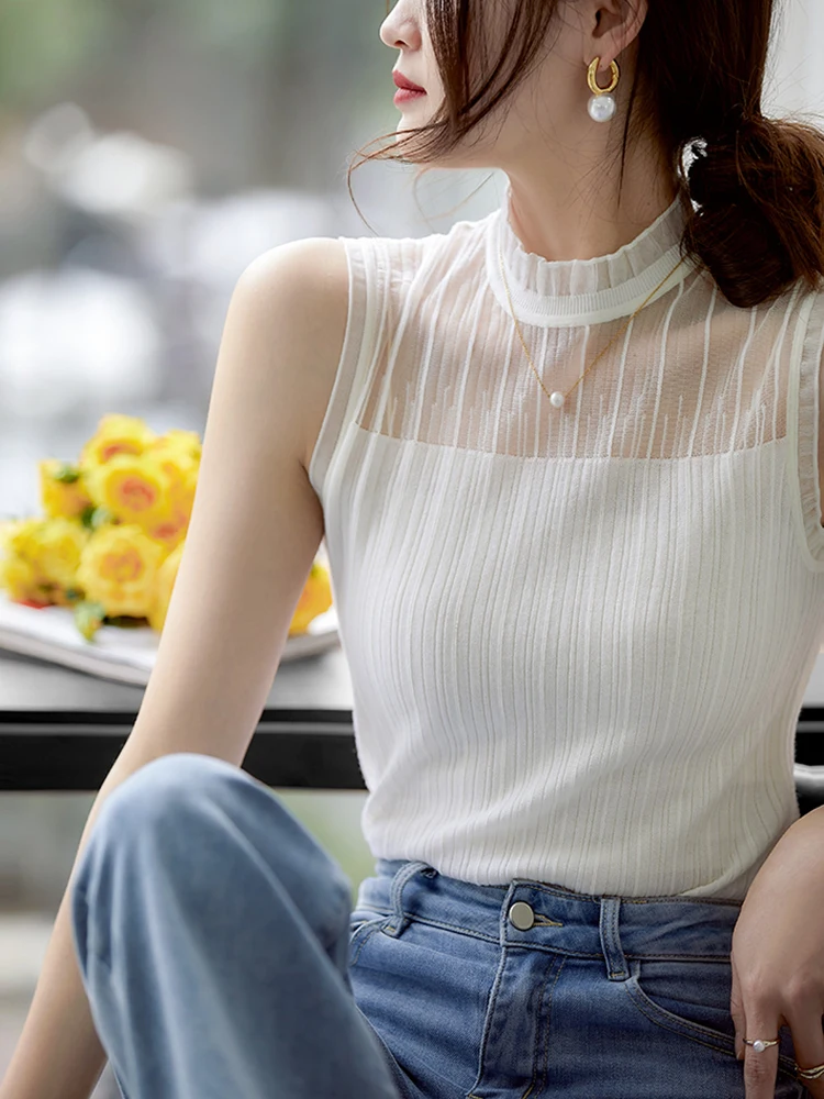 Sexy See-through Lace Tank Tops Women Summer Sleeveless Knitted Vest Casual Korean Half High Collar Camis Black White Top