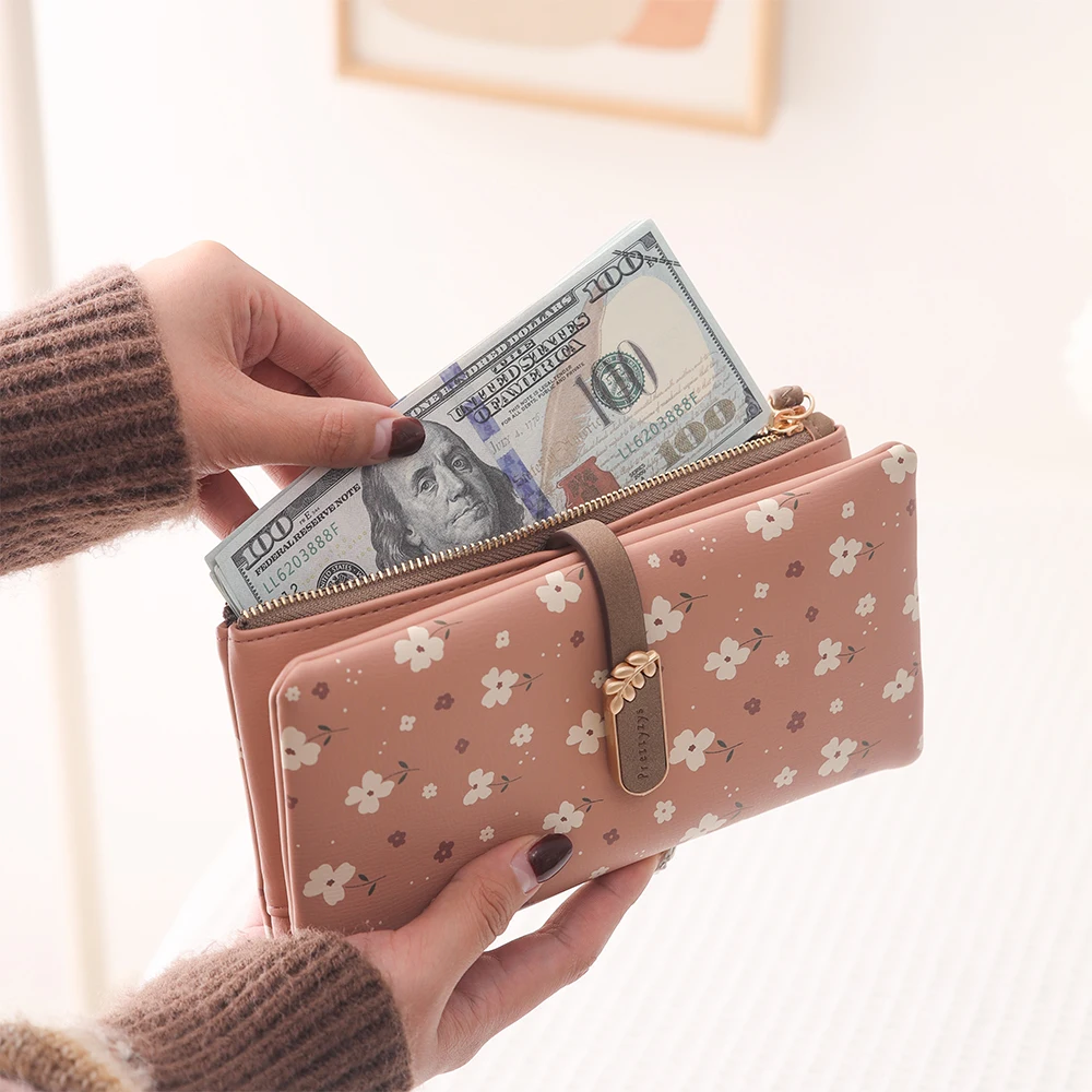 Long Handbag Female 2024 Spring/Summer New Korean PU Printed Zipper Buckle Collapsible Multi-Function Long Wallet Can Be Wrist M
