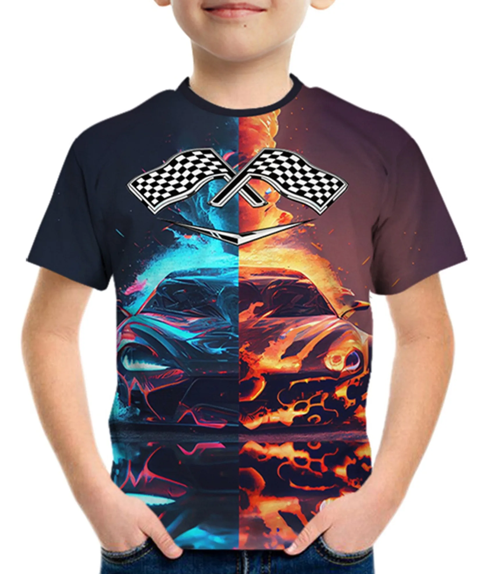 Fashion Racing Car Pattern 3d Print Boys Creative T Shirt Casual Lightweight Short Sleeve Crew Neck Tee Tops Kids Clothes Summer