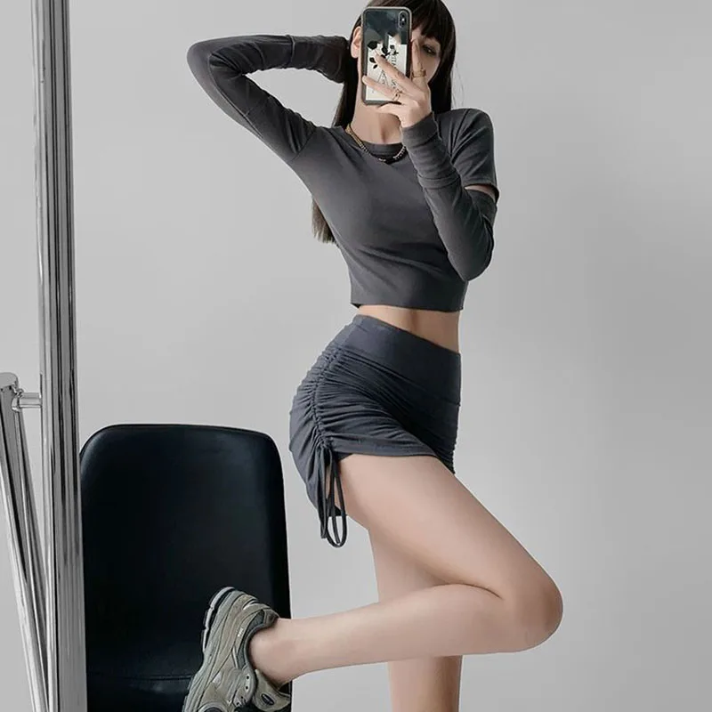 Xpqbb Women Summer Mini Skirts Drawstring Sexy High Waist Wrapped Hip Skirt Female Wild Solid Folds Slim Elastic Shorts Skirts