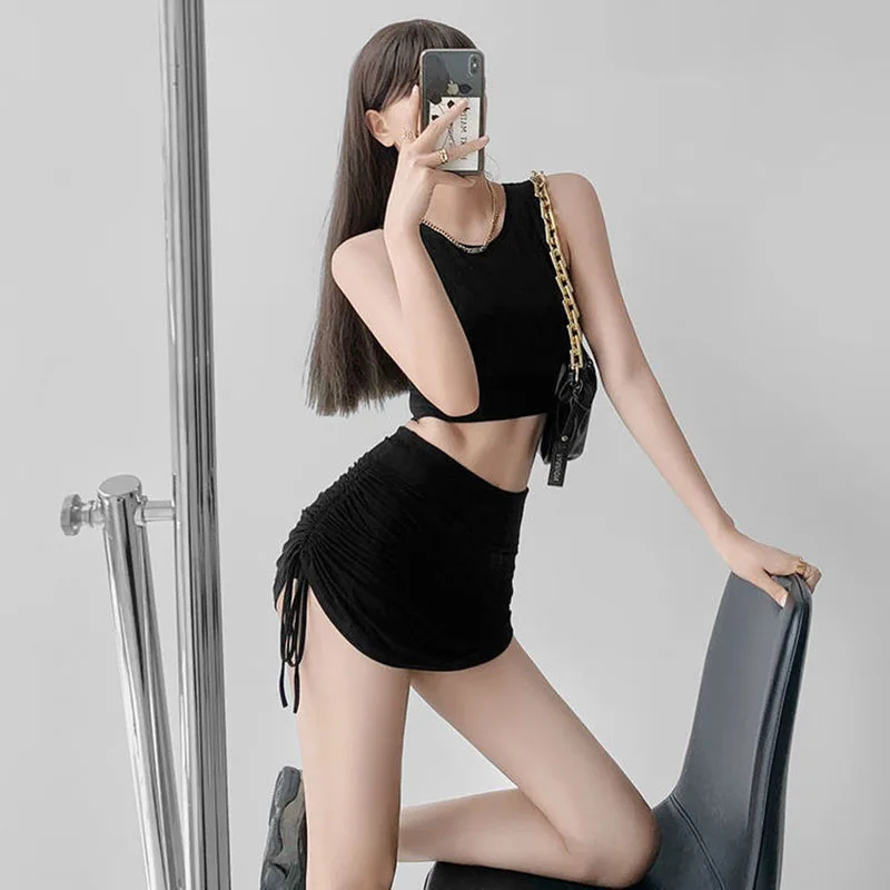 Xpqbb Women Summer Mini Skirts Drawstring Sexy High Waist Wrapped Hip Skirt Female Wild Solid Folds Slim Elastic Shorts Skirts