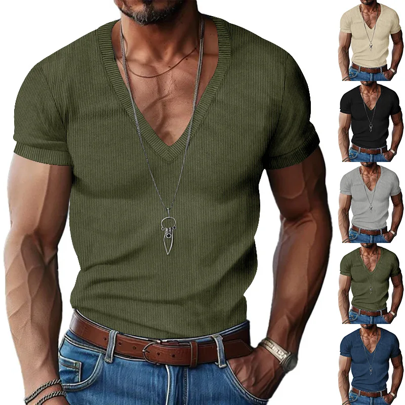 Men's Corduroy European and American Summer Men's V-Neck Solid Color Slim Casual T-Shirt