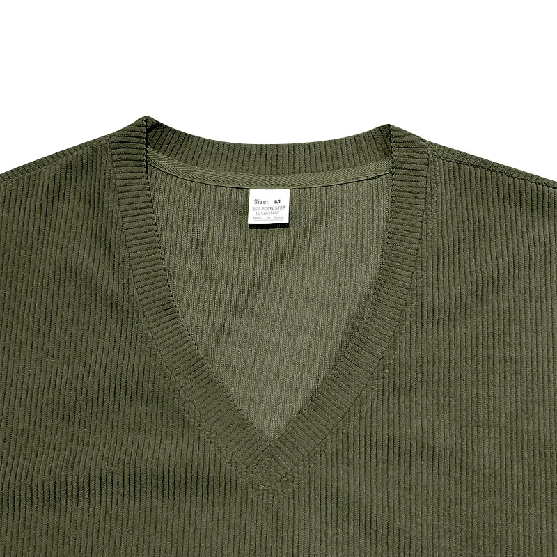 Men's Corduroy European and American Summer Men's V-Neck Solid Color Slim Casual T-Shirt