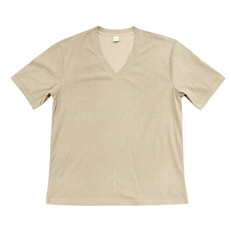 Men's Corduroy European and American Summer Men's V-Neck Solid Color Slim Casual T-Shirt