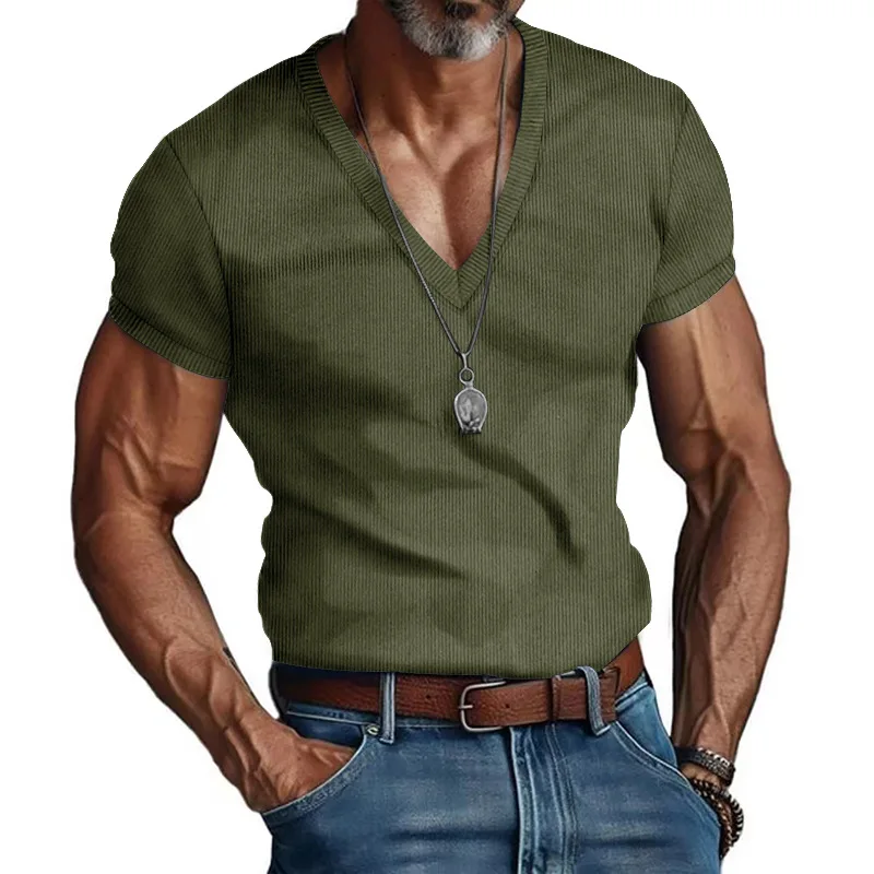 Men's Corduroy European and American Summer Men's V-Neck Solid Color Slim Casual T-Shirt