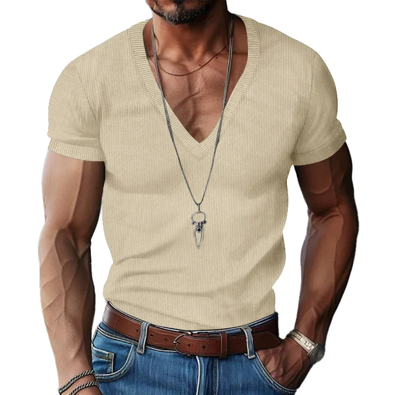 Men's Corduroy European and American Summer Men's V-Neck Solid Color Slim Casual T-Shirt