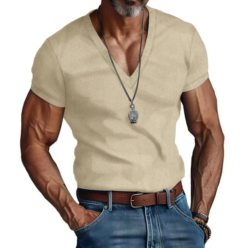 Men's Corduroy European and American Summer Men's V-Neck Solid Color Slim Casual T-Shirt