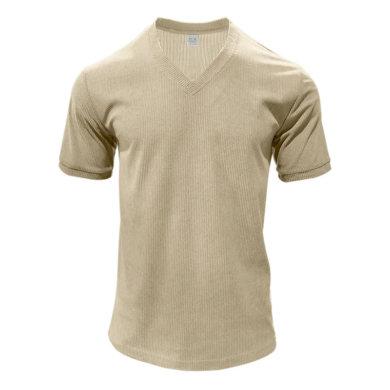 Men's Corduroy European and American Summer Men's V-Neck Solid Color Slim Casual T-Shirt