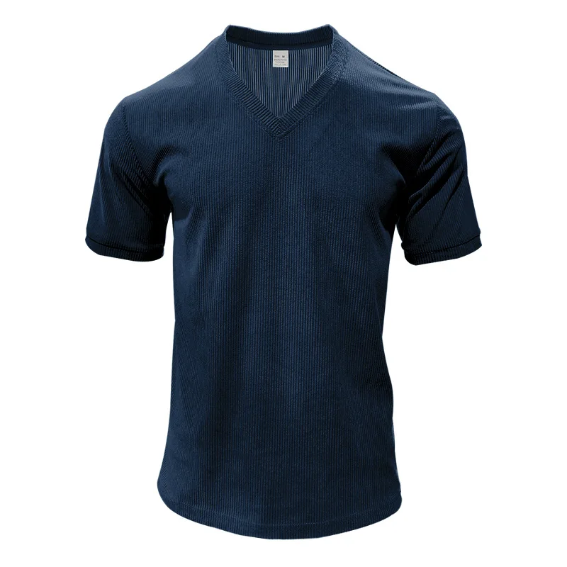 Men's Corduroy European and American Summer Men's V-Neck Solid Color Slim Casual T-Shirt