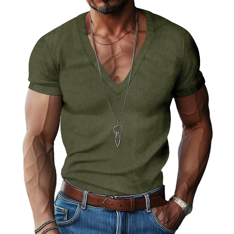 Men's Corduroy European and American Summer Men's V-Neck Solid Color Slim Casual T-Shirt