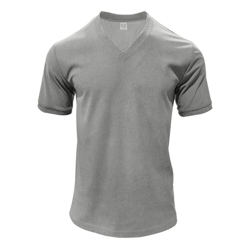 Men's Corduroy European and American Summer Men's V-Neck Solid Color Slim Casual T-Shirt