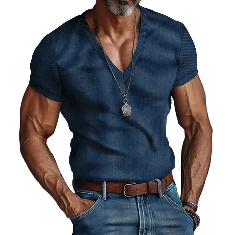 Men's Corduroy European and American Summer Men's V-Neck Solid Color Slim Casual T-Shirt