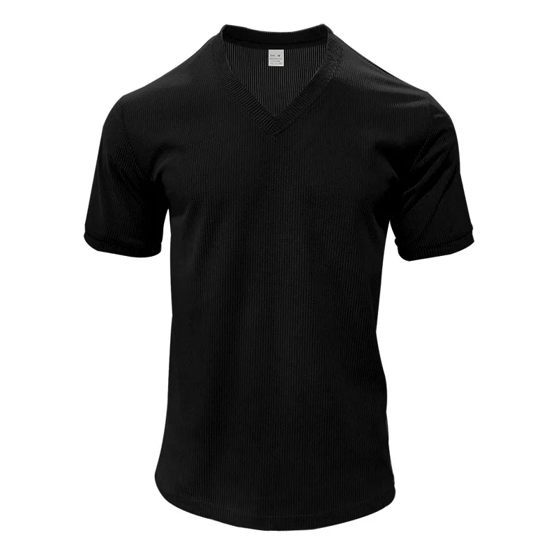 Men's Corduroy European and American Summer Men's V-Neck Solid Color Slim Casual T-Shirt