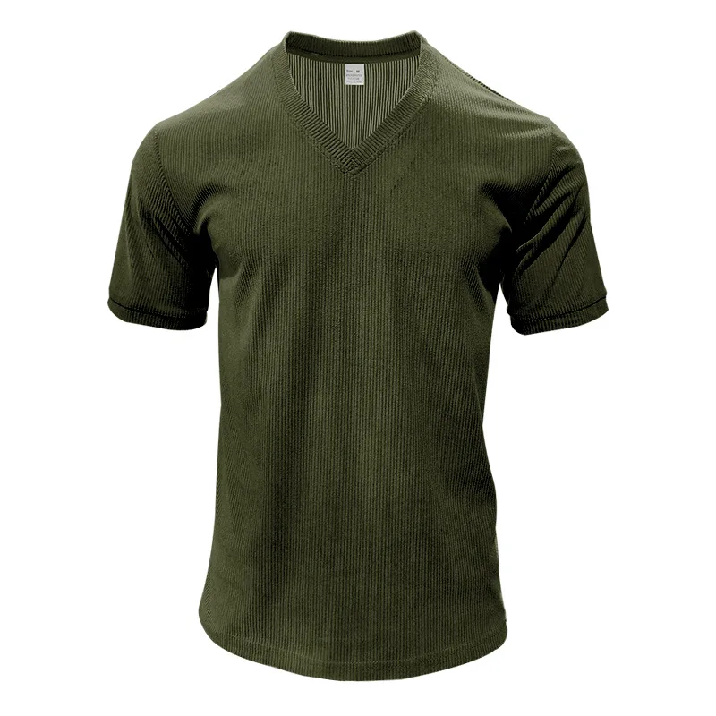 Men's Corduroy European and American Summer Men's V-Neck Solid Color Slim Casual T-Shirt