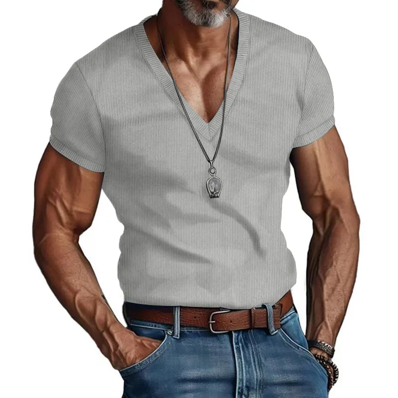 Men's Corduroy European and American Summer Men's V-Neck Solid Color Slim Casual T-Shirt