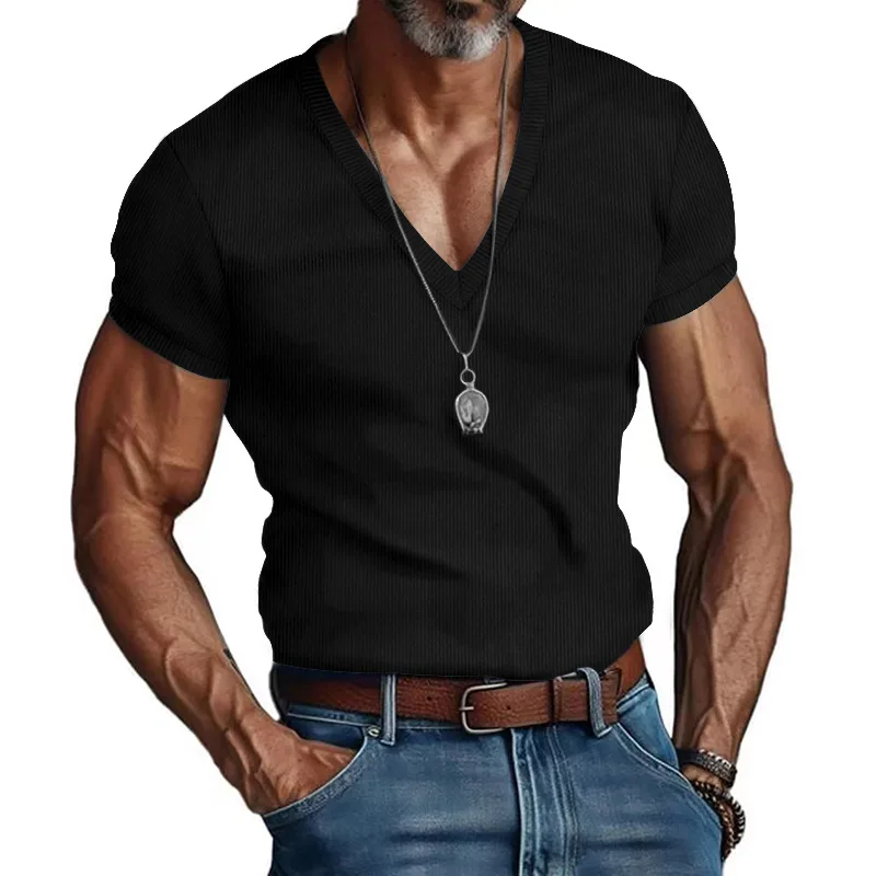 Men's Corduroy European and American Summer Men's V-Neck Solid Color Slim Casual T-Shirt