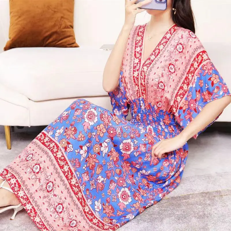Plus Size Bohemian Summer Sweet Printed V-Neck Batwing Sleeved Beach Dress Women's Dress Ethnic Holiday Large Swing Midi Dress