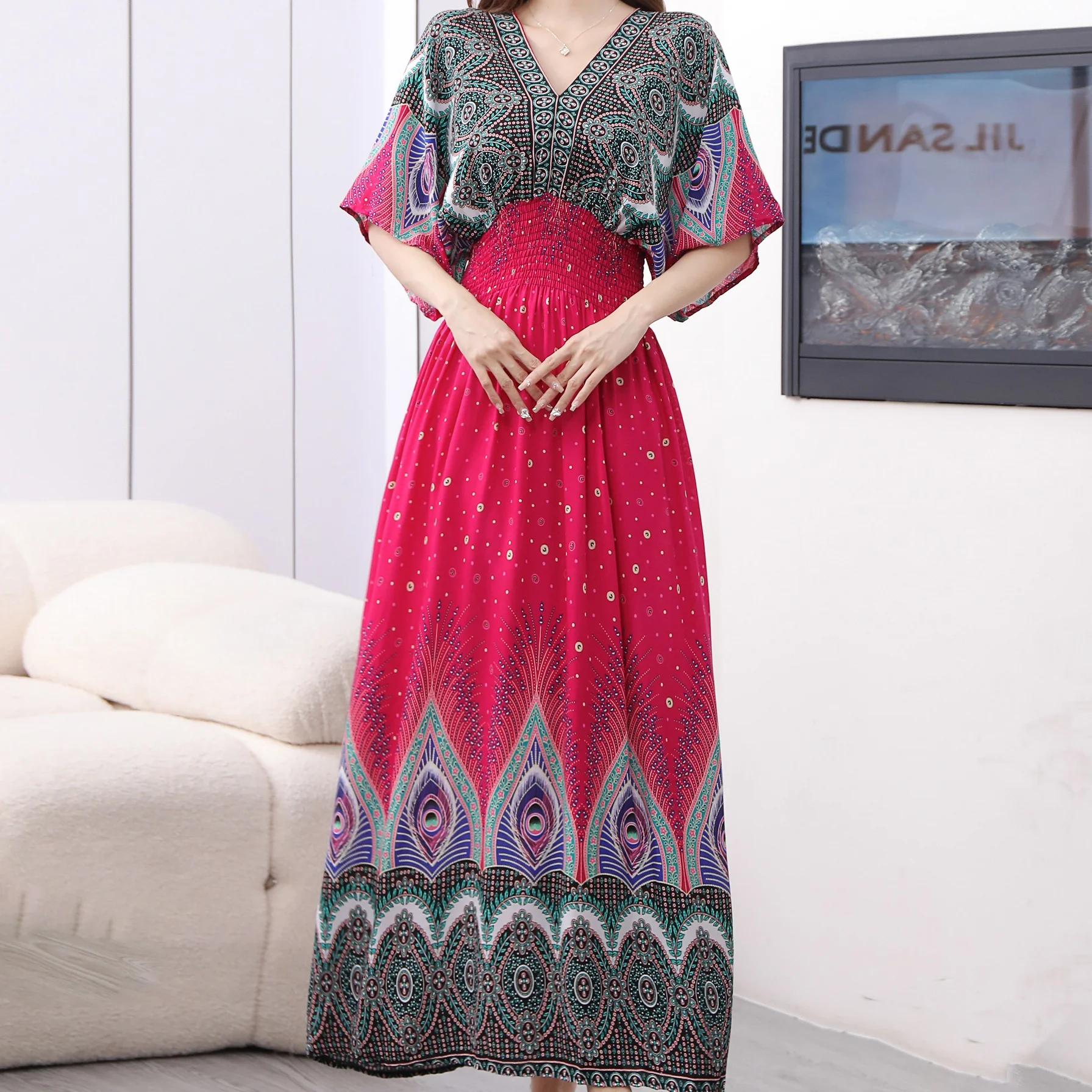 Plus Size Bohemian Summer Sweet Printed V-Neck Batwing Sleeved Beach Dress Women's Dress Ethnic Holiday Large Swing Midi Dress