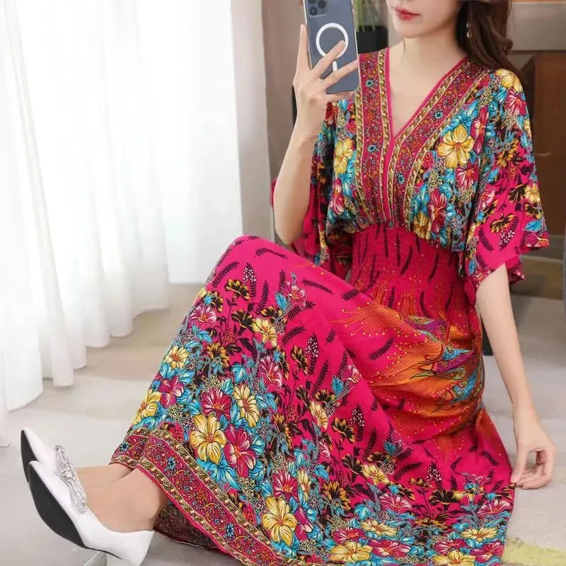 Plus Size Bohemian Summer Sweet Printed V-Neck Batwing Sleeved Beach Dress Women's Dress Ethnic Holiday Large Swing Midi Dress