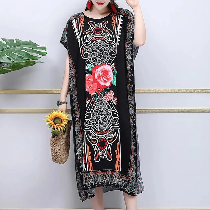 Plus Size Bohemian Summer Sweet Printed V-Neck Batwing Sleeved Beach Dress Women's Dress Ethnic Holiday Large Swing Midi Dress