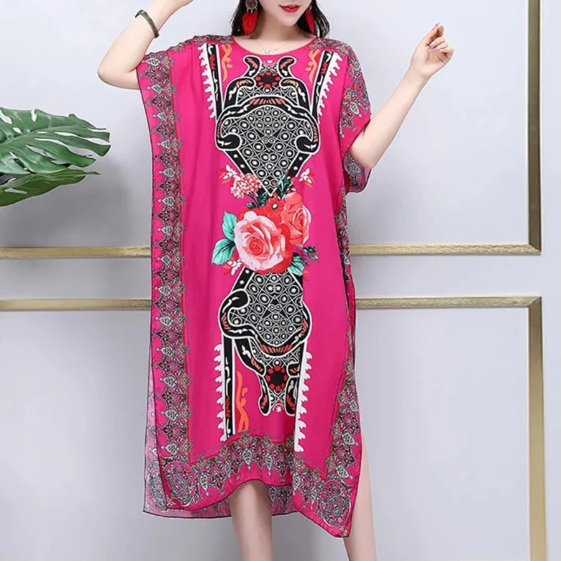 Plus Size Bohemian Summer Sweet Printed V-Neck Batwing Sleeved Beach Dress Women's Dress Ethnic Holiday Large Swing Midi Dress