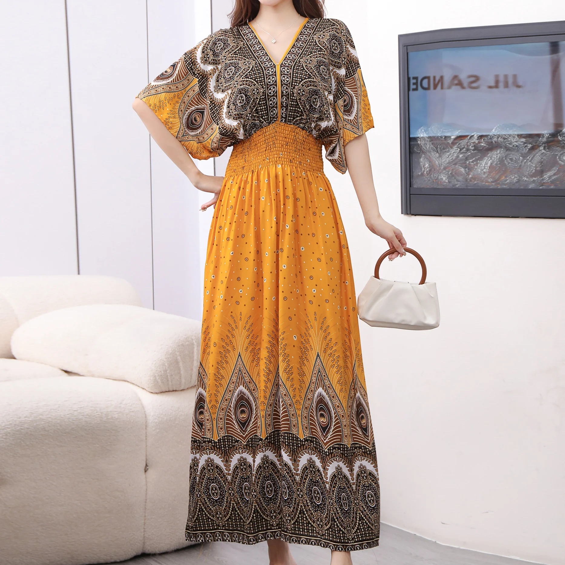 Plus Size Bohemian Summer Sweet Printed V-Neck Batwing Sleeved Beach Dress Women's Dress Ethnic Holiday Large Swing Midi Dress