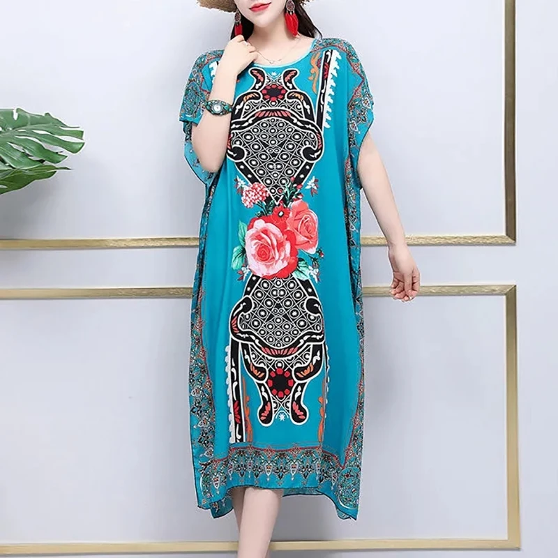Plus Size Bohemian Summer Sweet Printed V-Neck Batwing Sleeved Beach Dress Women's Dress Ethnic Holiday Large Swing Midi Dress