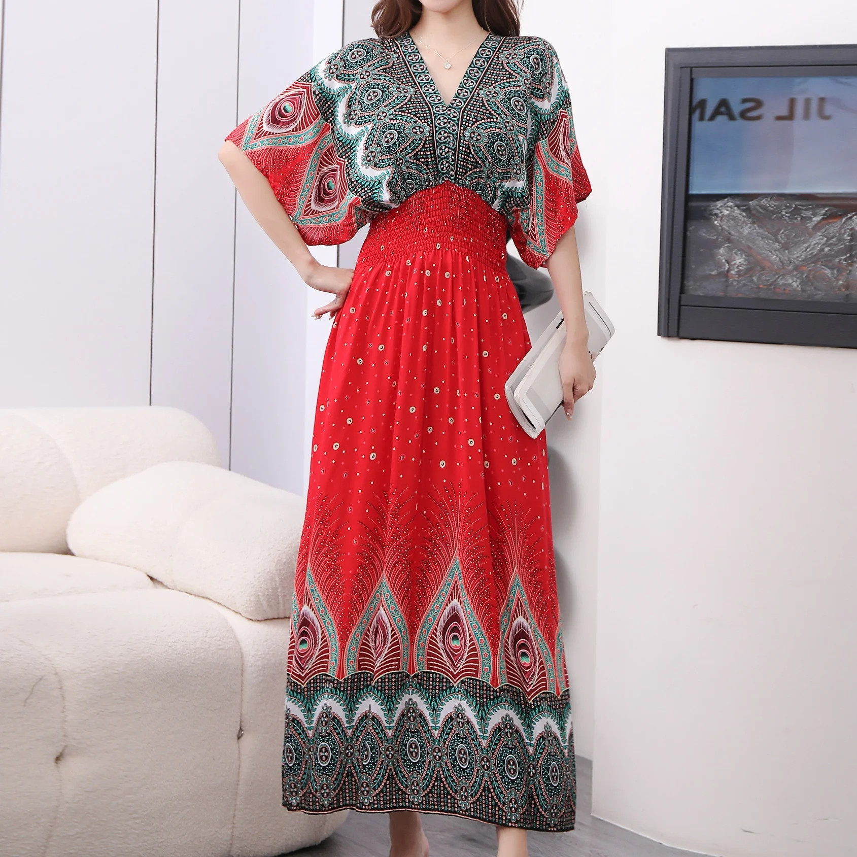 Plus Size Bohemian Summer Sweet Printed V-Neck Batwing Sleeved Beach Dress Women's Dress Ethnic Holiday Large Swing Midi Dress