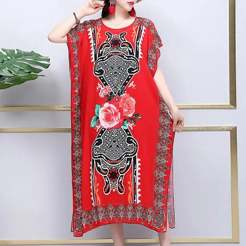 Plus Size Bohemian Summer Sweet Printed V-Neck Batwing Sleeved Beach Dress Women's Dress Ethnic Holiday Large Swing Midi Dress