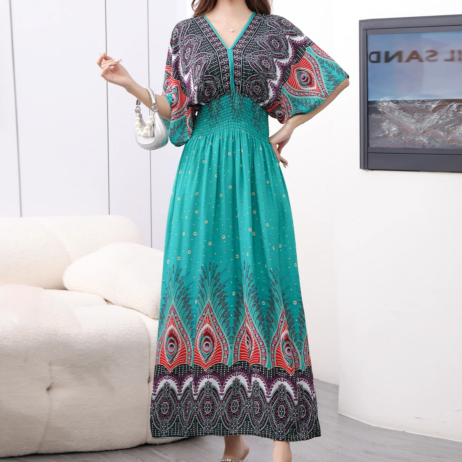Plus Size Bohemian Summer Sweet Printed V-Neck Batwing Sleeved Beach Dress Women's Dress Ethnic Holiday Large Swing Midi Dress