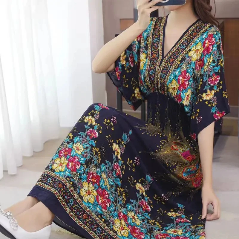 Plus Size Bohemian Summer Sweet Printed V-Neck Batwing Sleeved Beach Dress Women's Dress Ethnic Holiday Large Swing Midi Dress