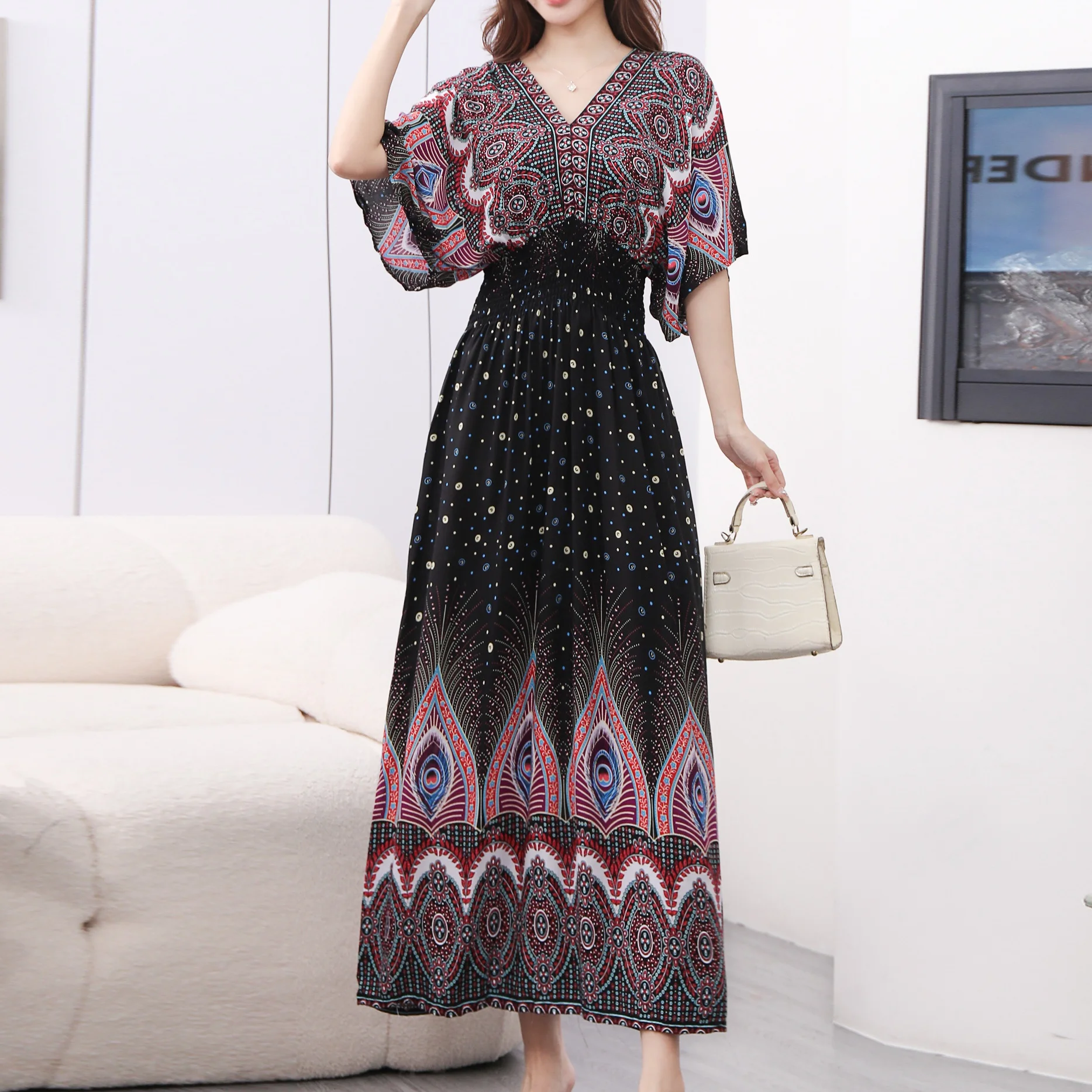 Plus Size Bohemian Summer Sweet Printed V-Neck Batwing Sleeved Beach Dress Women's Dress Ethnic Holiday Large Swing Midi Dress