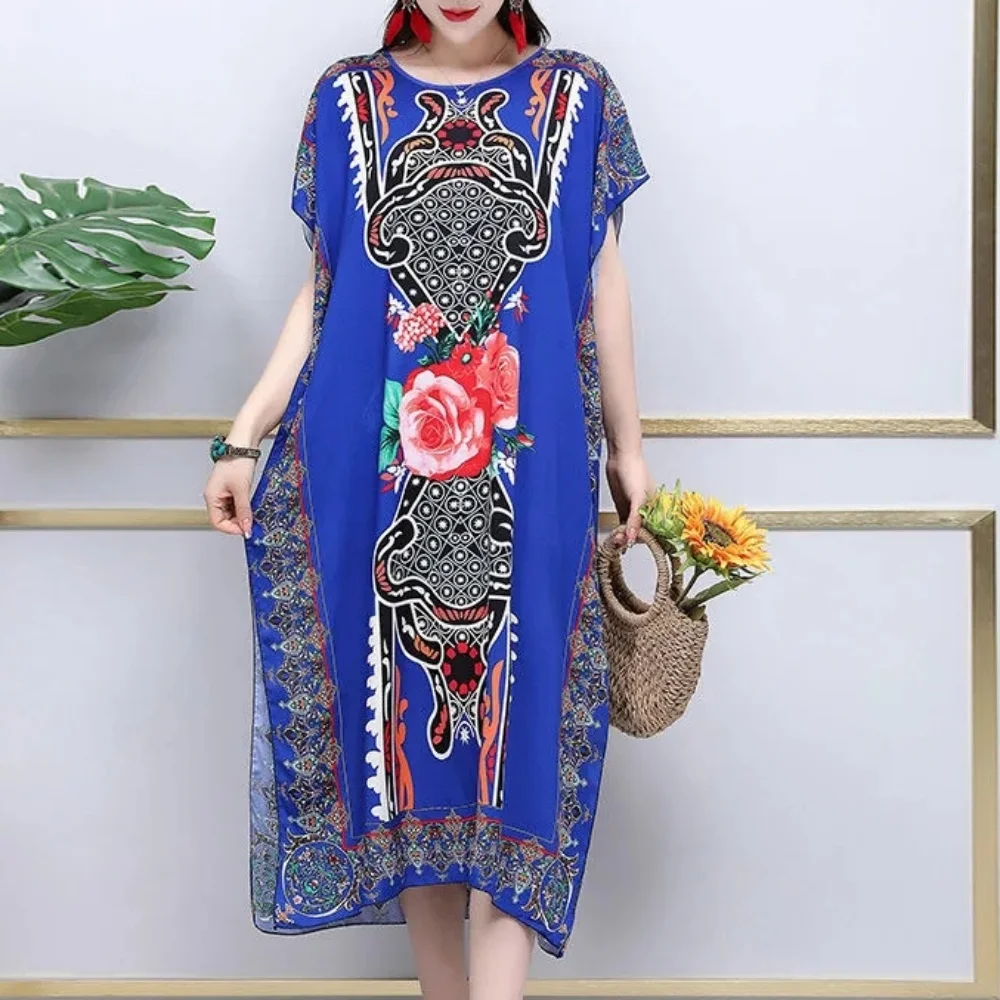 Plus Size Bohemian Summer Sweet Printed V-Neck Batwing Sleeved Beach Dress Women's Dress Ethnic Holiday Large Swing Midi Dress