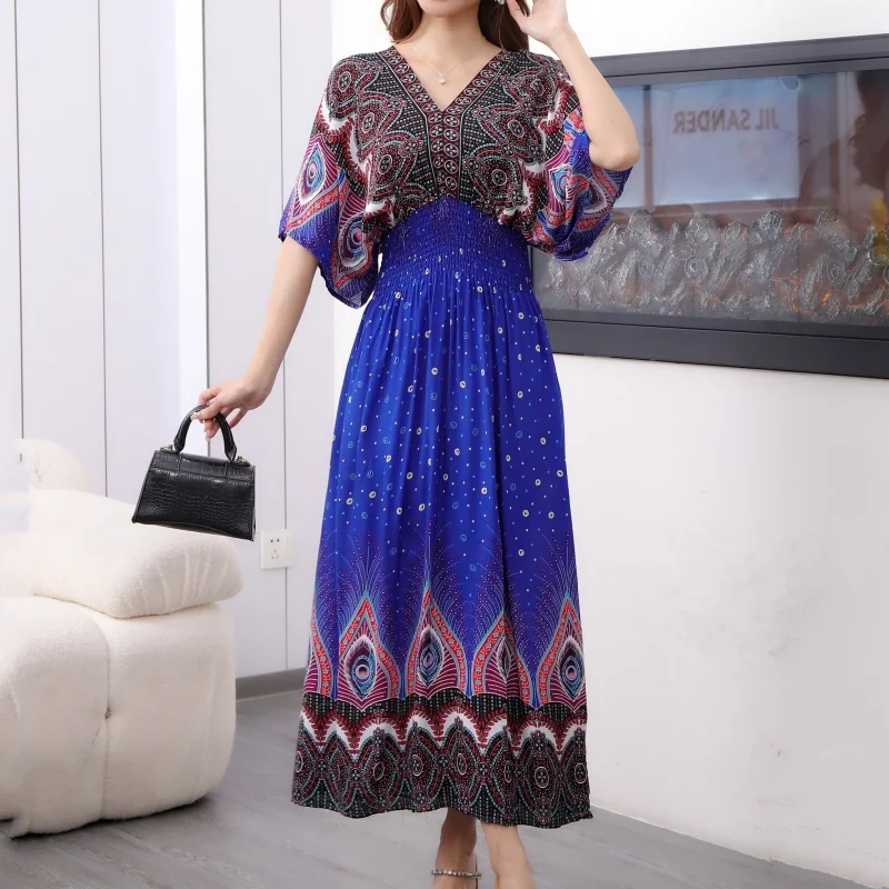 Plus Size Bohemian Summer Sweet Printed V-Neck Batwing Sleeved Beach Dress Women's Dress Ethnic Holiday Large Swing Midi Dress