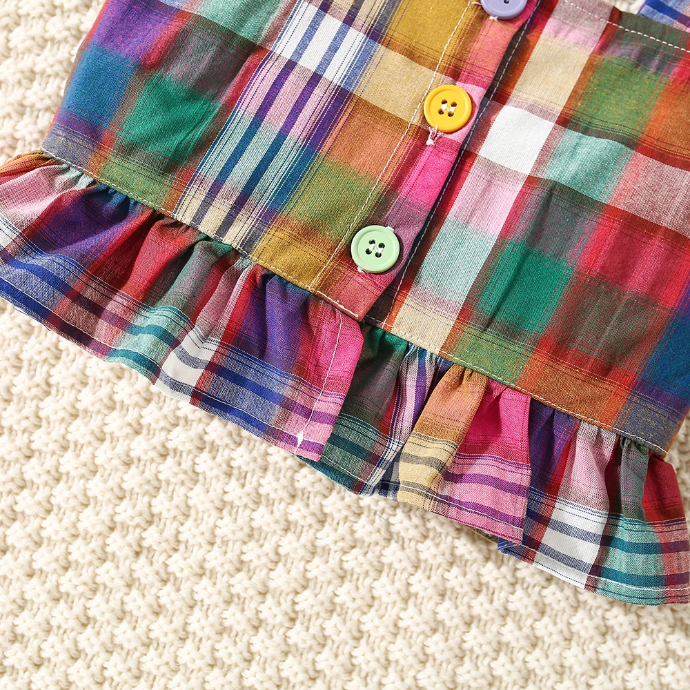 Summer New Baby Girls Two-Piece Set Plaid Pattern Sweet Two-Piece Set Pastoral Ruffled Lace Buttons + Shorts