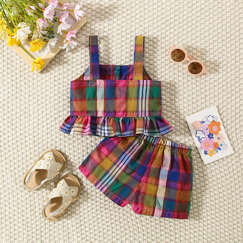 Summer New Baby Girls Two-Piece Set Plaid Pattern Sweet Two-Piece Set Pastoral Ruffled Lace Buttons + Shorts