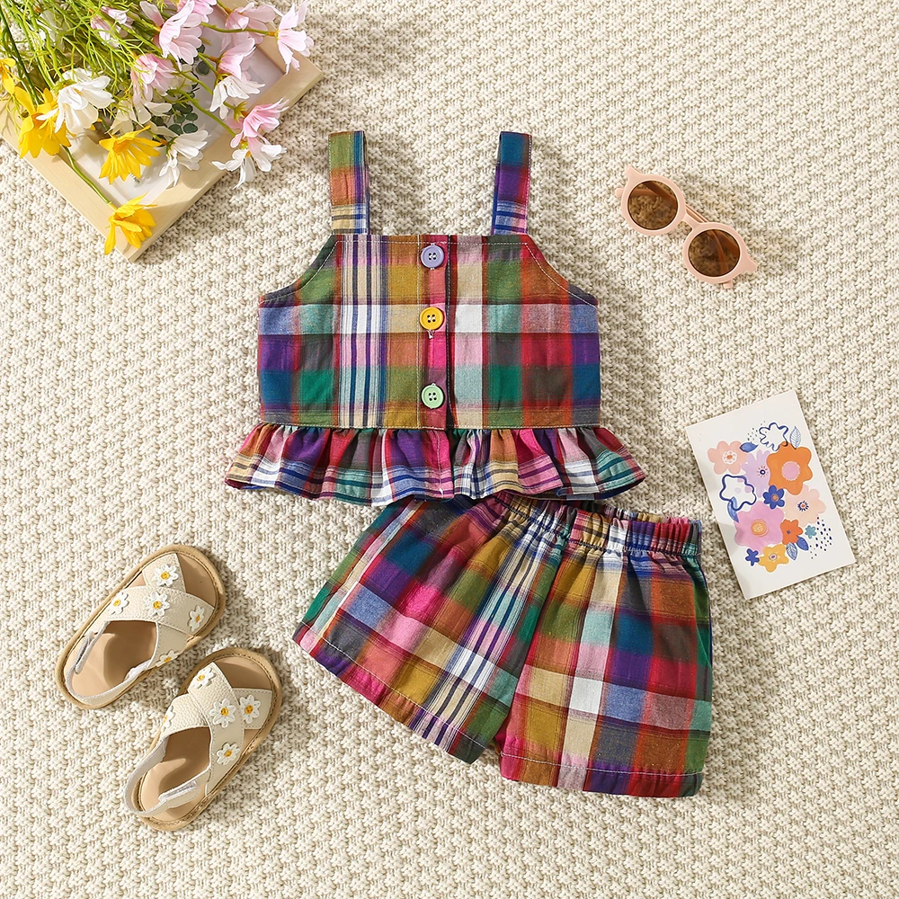 Summer New Baby Girls Two-Piece Set Plaid Pattern Sweet Two-Piece Set Pastoral Ruffled Lace Buttons + Shorts