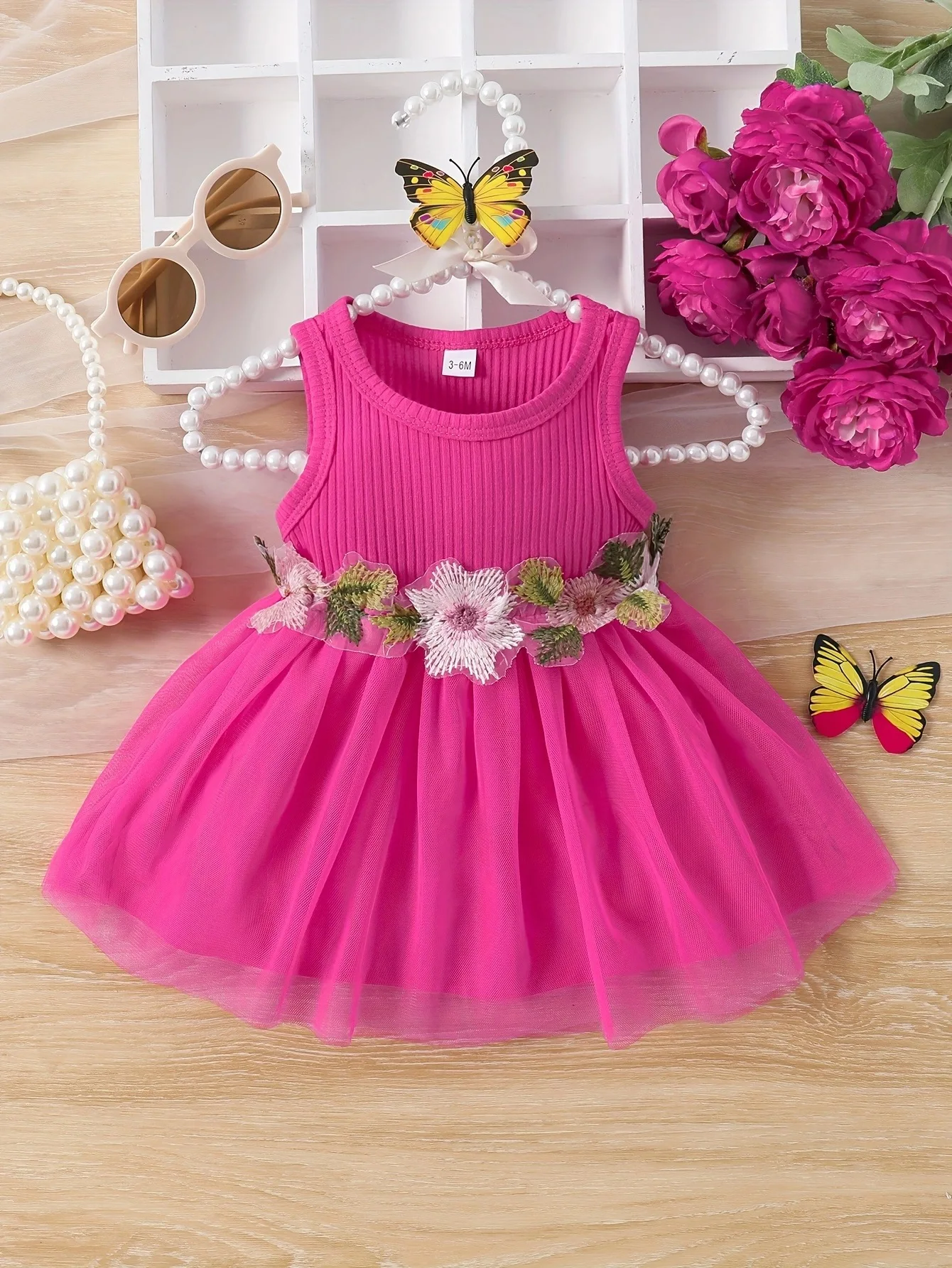 Baby and toddler girls summer sleeveless waist flower patchwork mesh sweet dress