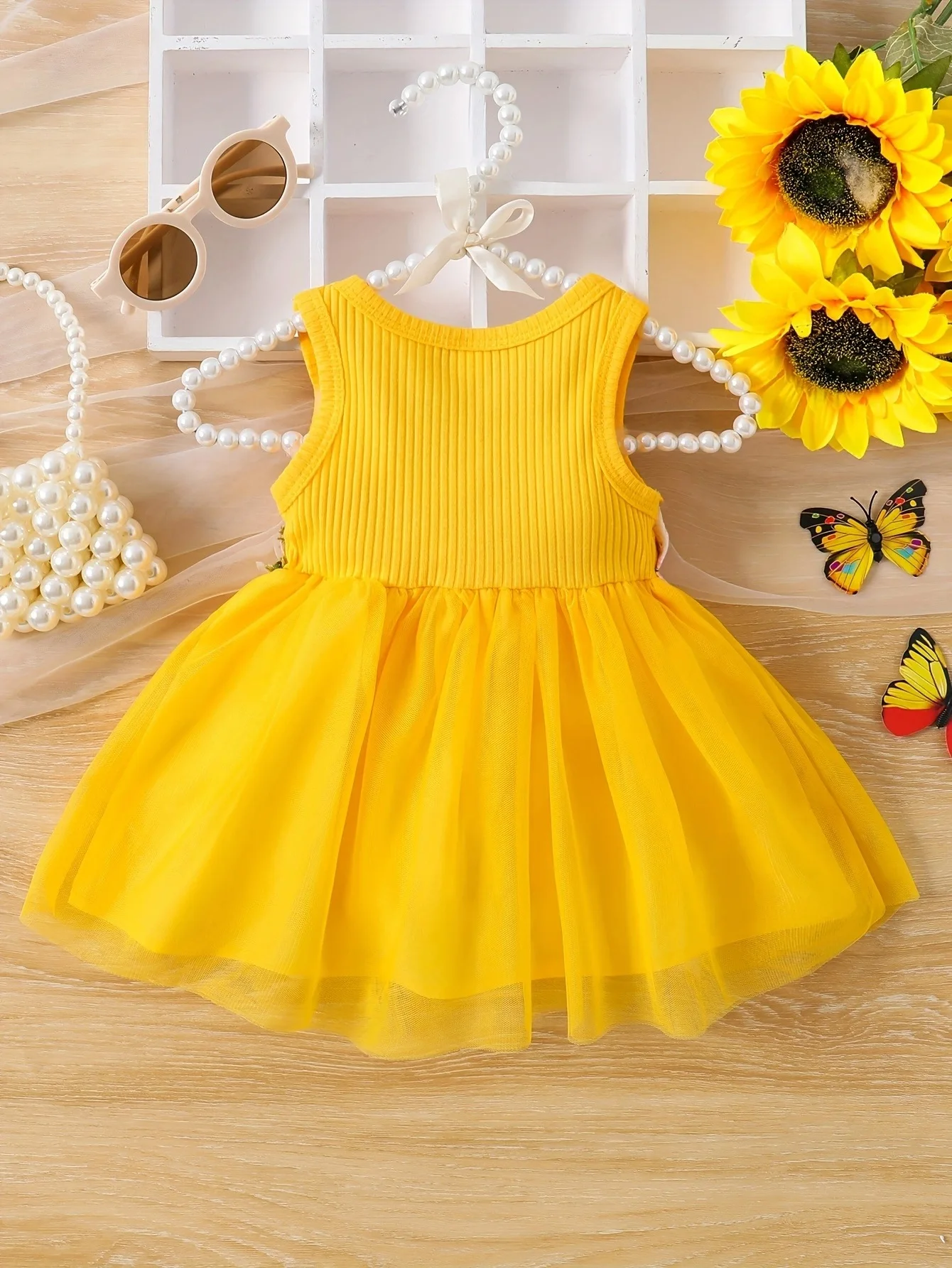 Baby and toddler girls summer sleeveless waist flower patchwork mesh sweet dress