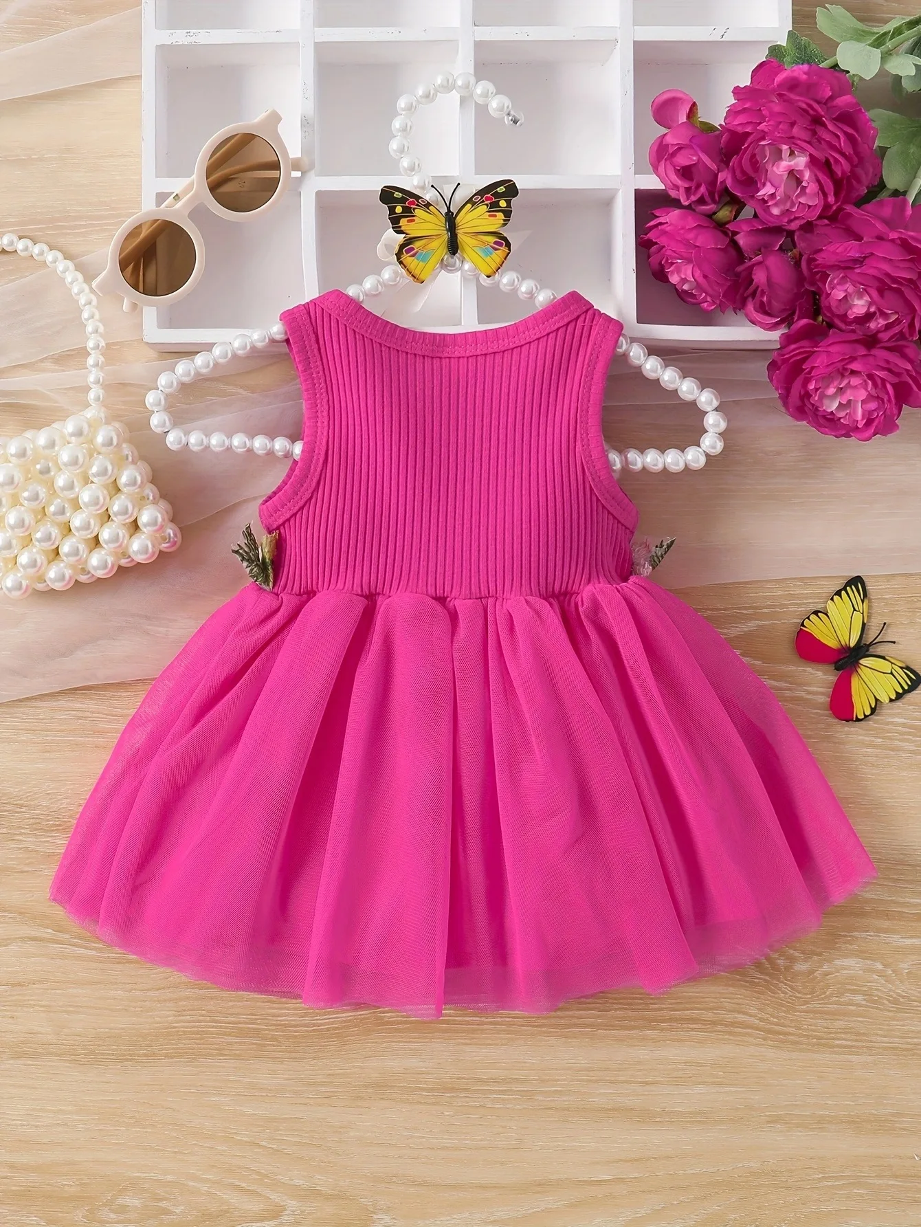 Baby and toddler girls summer sleeveless waist flower patchwork mesh sweet dress