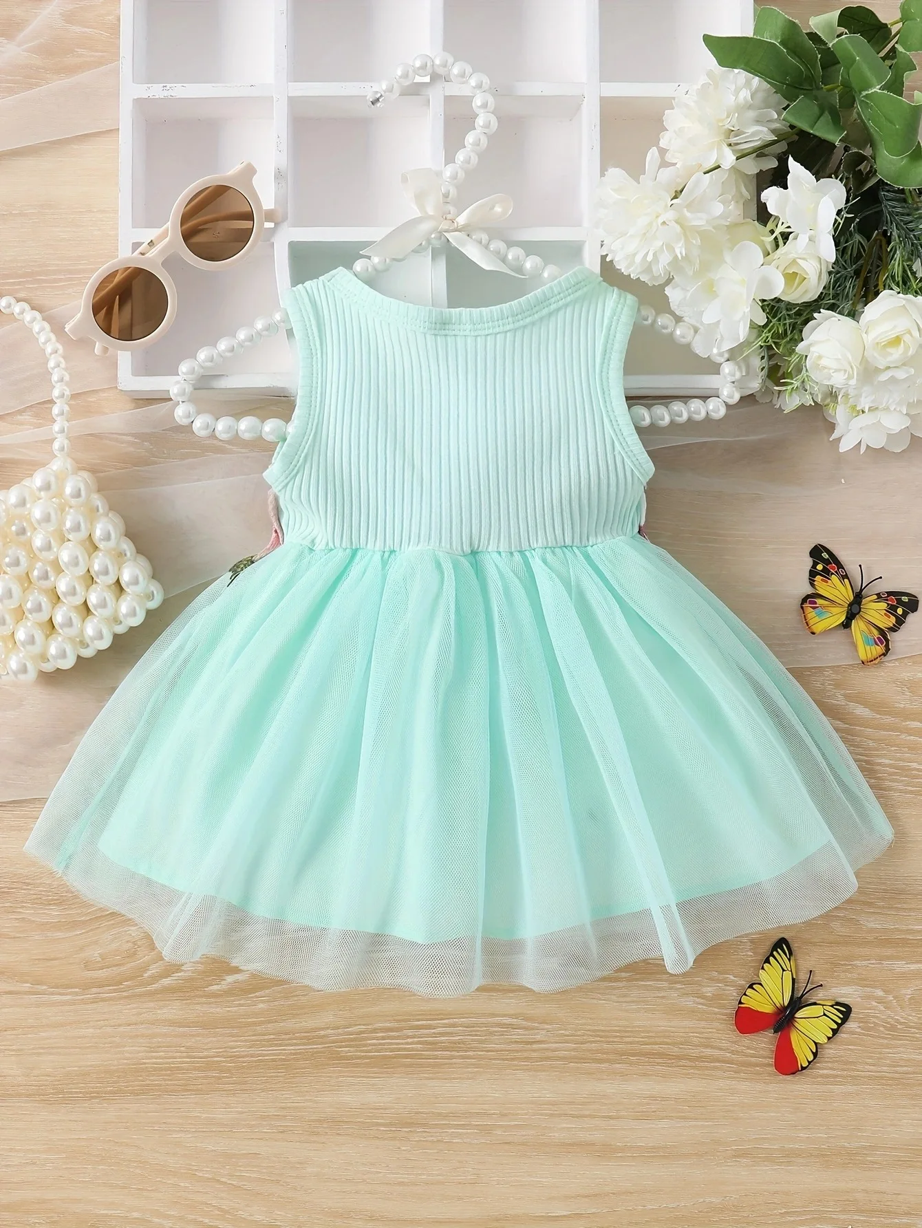 Baby and toddler girls summer sleeveless waist flower patchwork mesh sweet dress