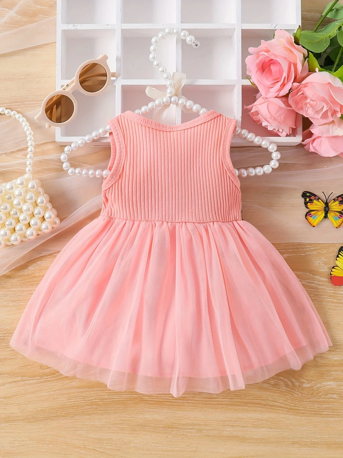 Baby and toddler girls summer sleeveless waist flower patchwork mesh sweet dress
