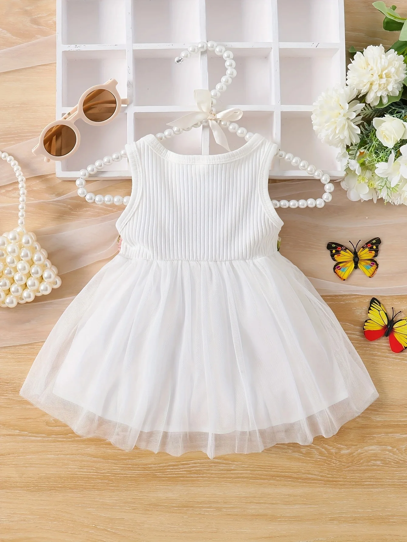 Baby and toddler girls summer sleeveless waist flower patchwork mesh sweet dress
