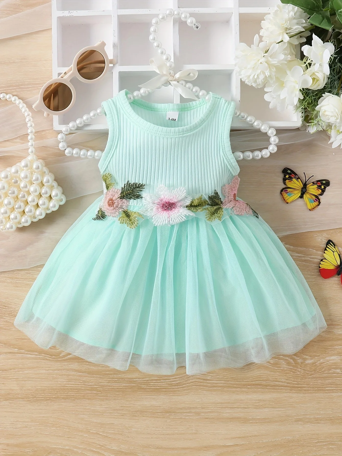 Baby and toddler girls summer sleeveless waist flower patchwork mesh sweet dress