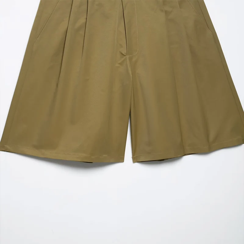 Koekop Women's Fashion Solid Color Lapel Pocket Embellished Shirt and Vintage Casual Women's Funky Ladies Pleated Shorts
