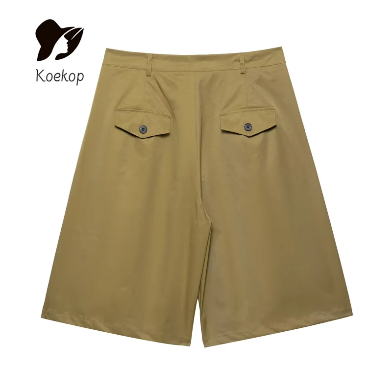 Koekop Women's Fashion Solid Color Lapel Pocket Embellished Shirt and Vintage Casual Women's Funky Ladies Pleated Shorts