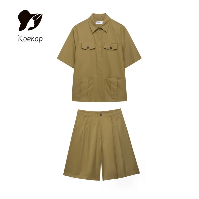 Koekop Women's Fashion Solid Color Lapel Pocket Embellished Shirt and Vintage Casual Women's Funky Ladies Pleated Shorts